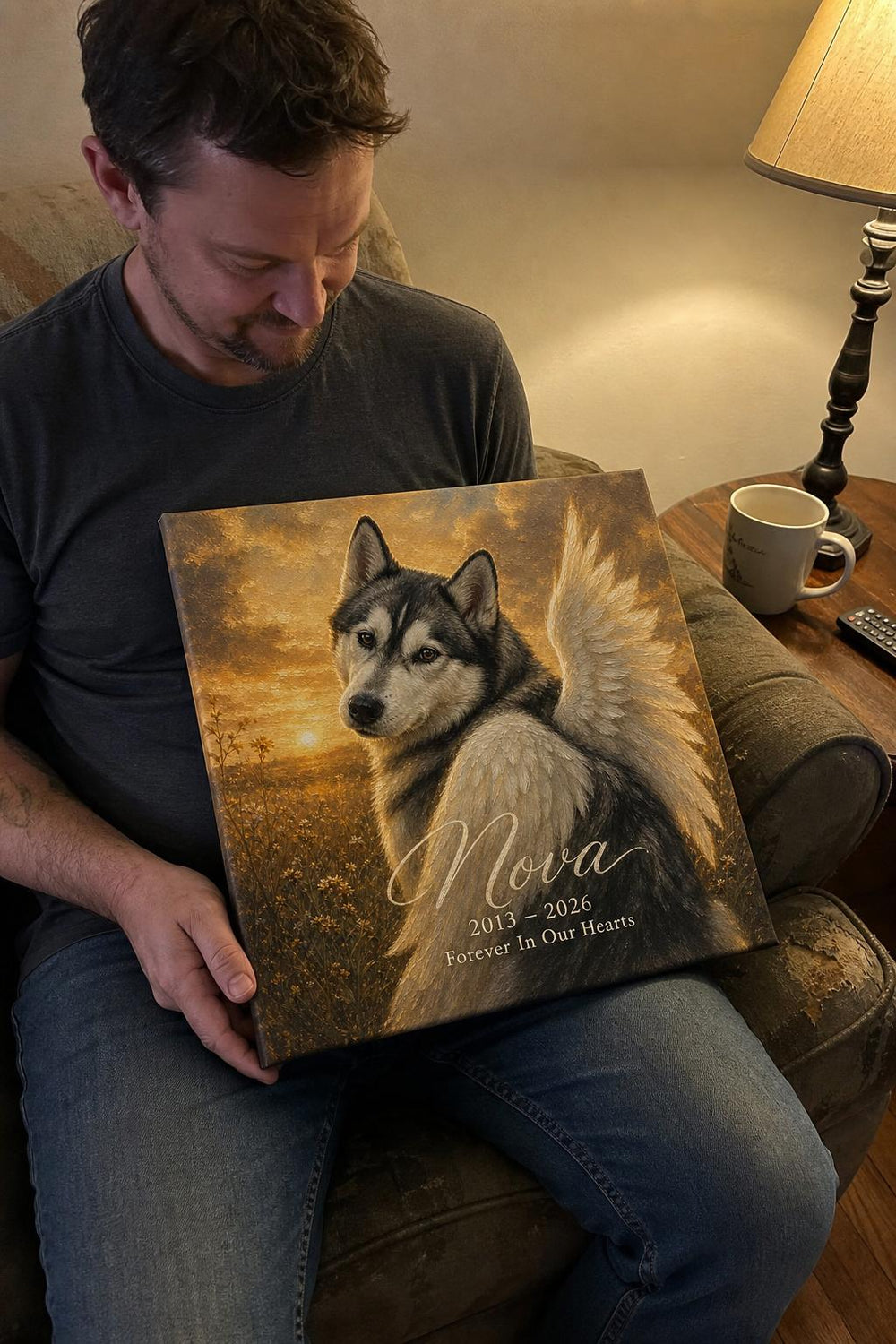 A Little Wings pet memorial canvas in a customer's home