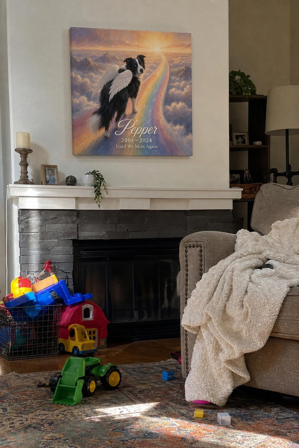 A Little Wings pet memorial canvas in a customer's home