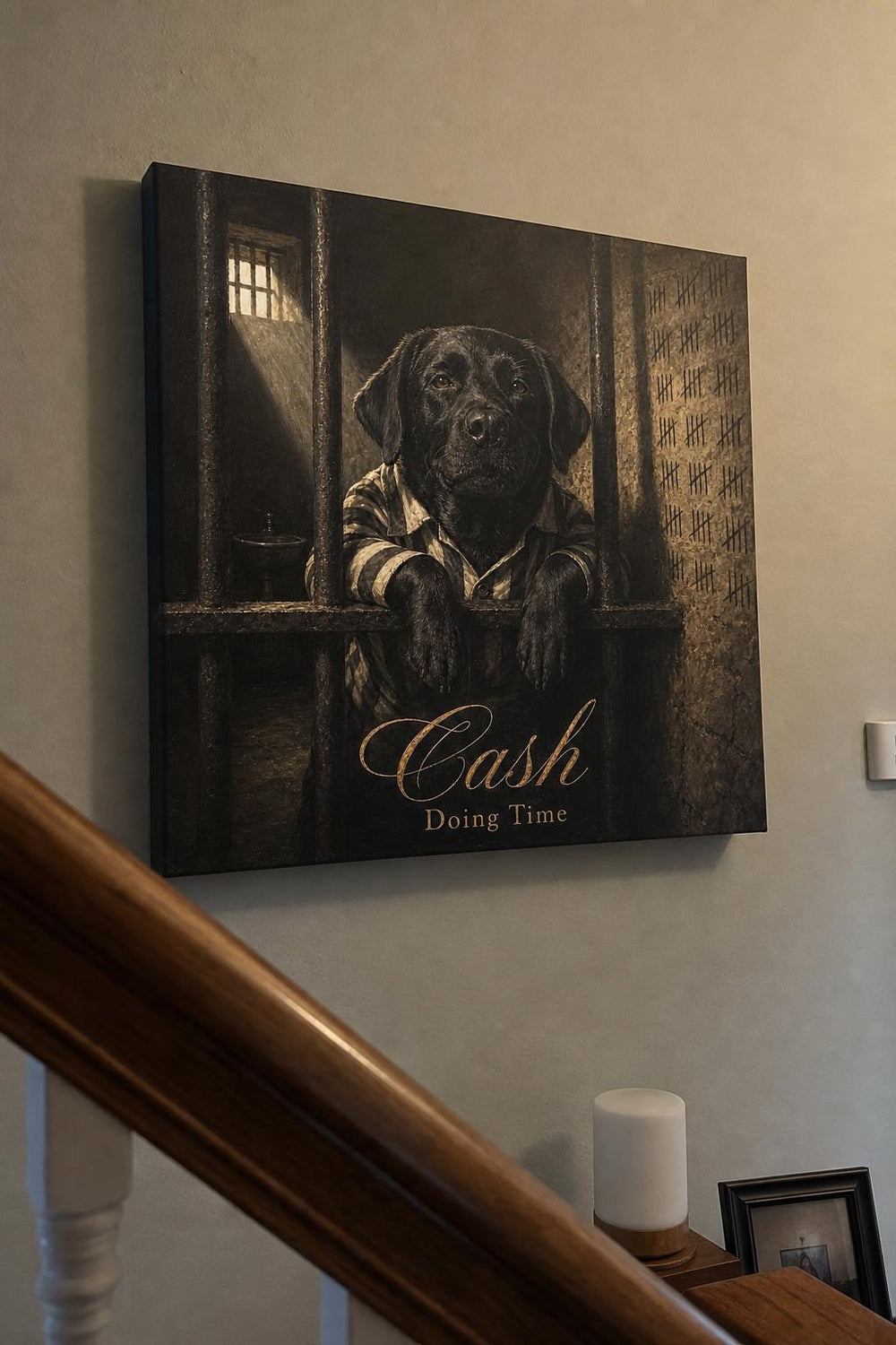A Most Wanted personalized pet canvas in a customer's home
