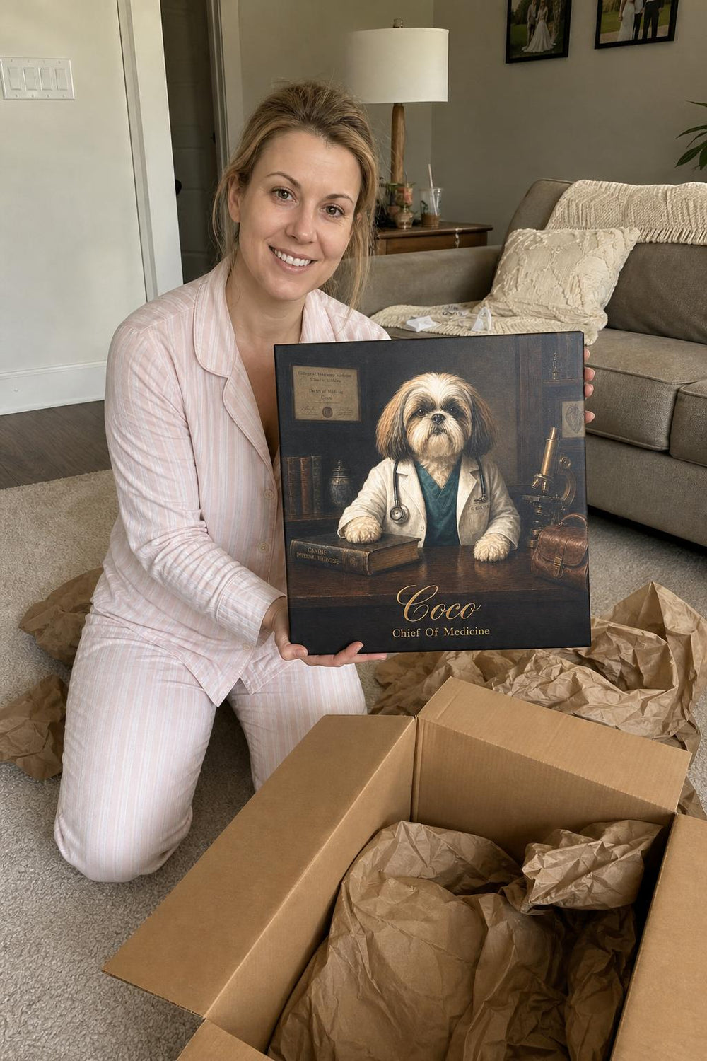 Top Dog personalized pet canvas in a customer's home