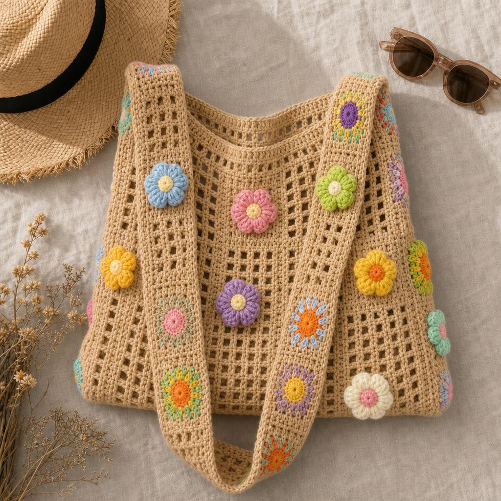 FlowerKnot™ Boho Crochet Flower Tote Bag variant image 3