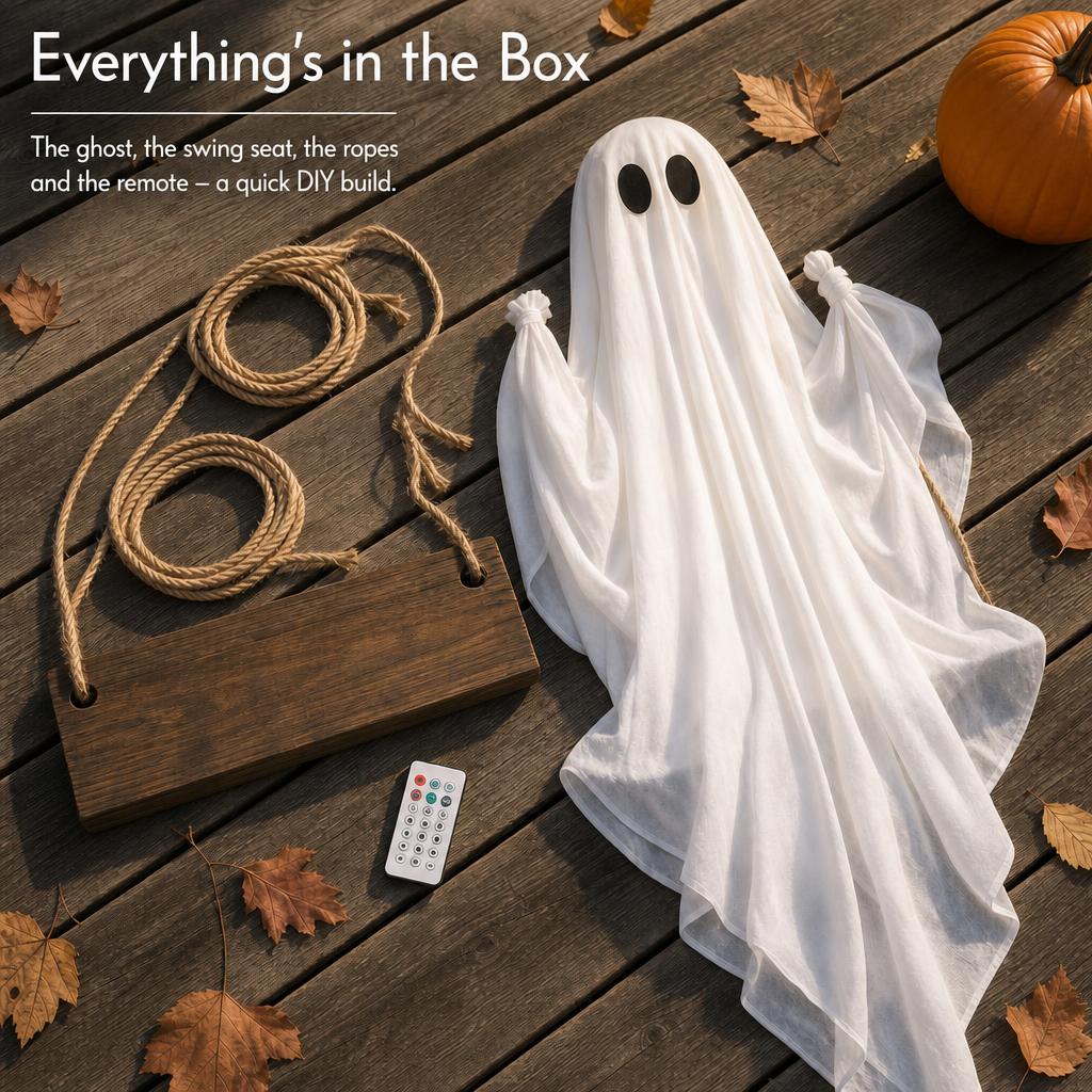 SwingSpirit™ Hanging Ghost Swing — what's in the box: ropes, wooden plank seat, cloth ghost and remote, everything is in the box and it is a quick DIY build.