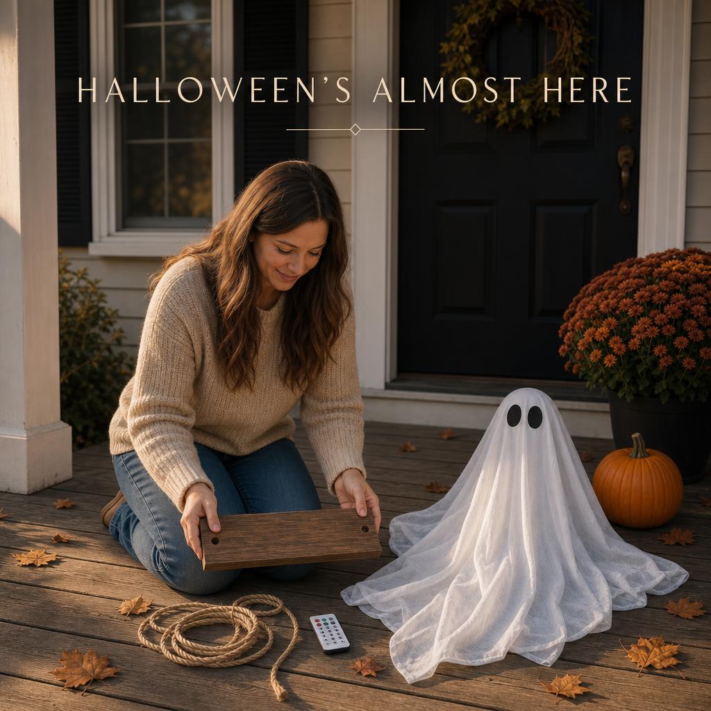 Setting up SwingSpirit™ on a front porch — the wooden plank swing seat, coiled ropes, remote and white cloth ghost laid out ready to assemble. A quick DIY build.