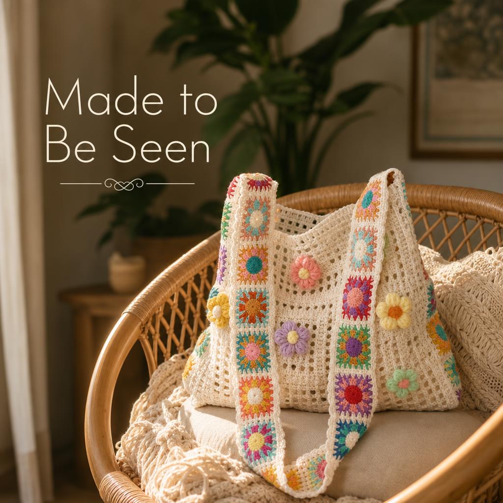 FlowerKnot™ Boho Crochet Flower Tote Bag body image 1