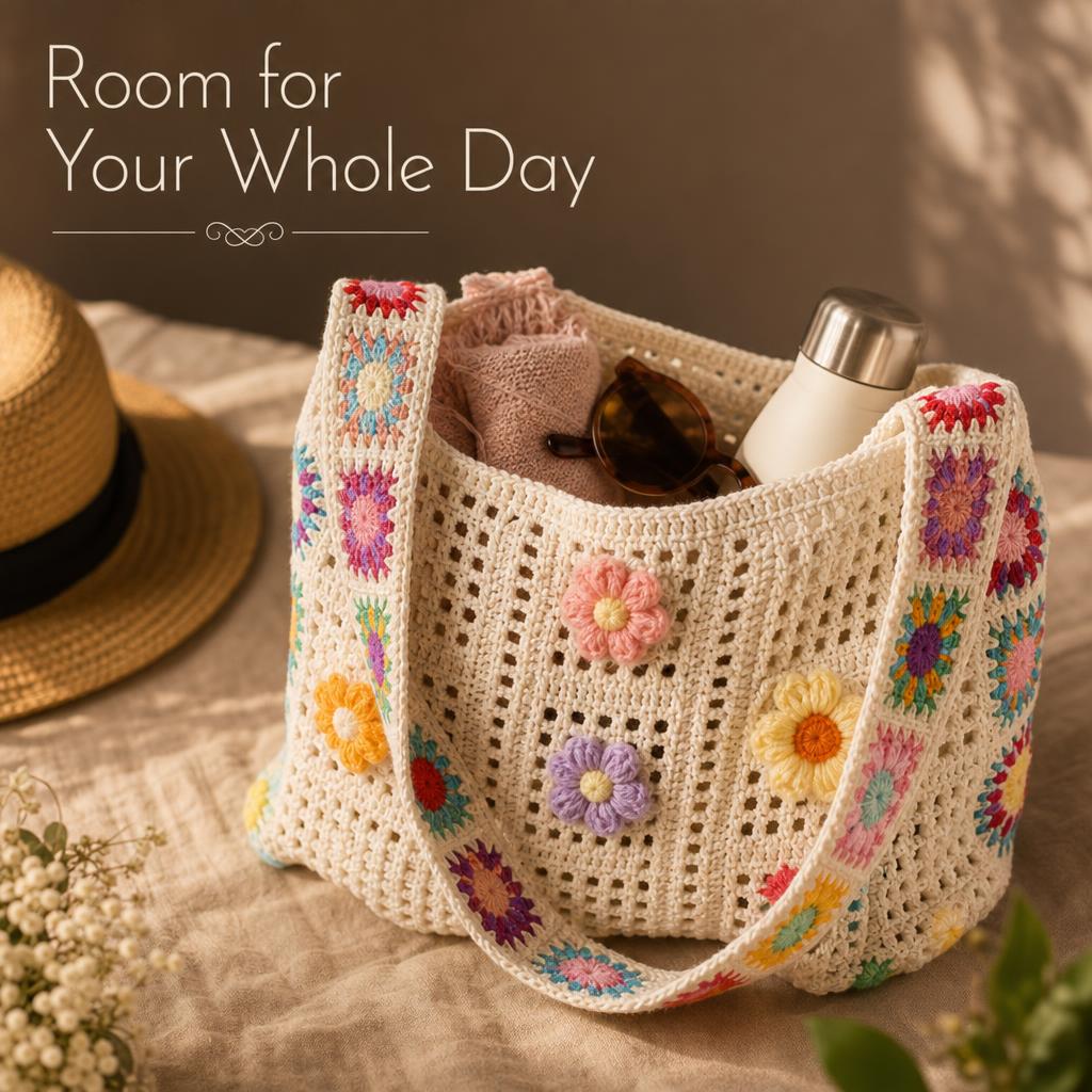 FlowerKnot™ Boho Crochet Flower Tote Bag body image 2
