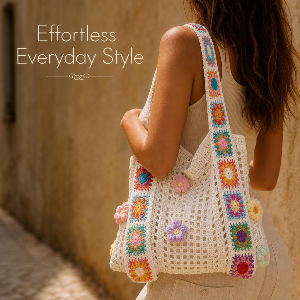 FlowerKnot™ Boho Crochet Flower Tote Bag body image 3