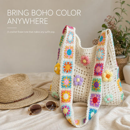 FlowerKnot™ Boho Crochet Flower Tote Bag carousel image 2