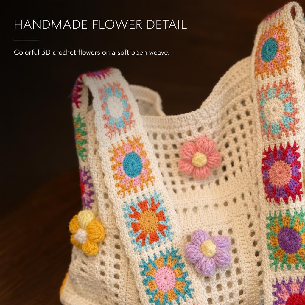 FlowerKnot™ Boho Crochet Flower Tote Bag carousel image 3
