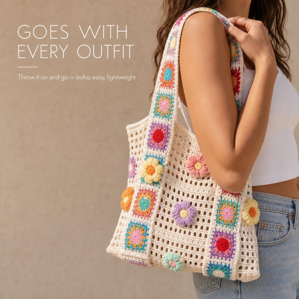 FlowerKnot™ Boho Crochet Flower Tote Bag carousel image 5