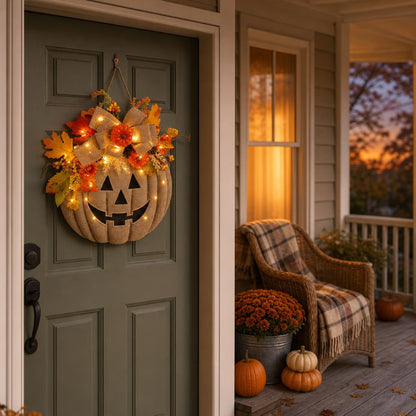 GlowJack™ Lighted Pumpkin Wreath carousel image 1