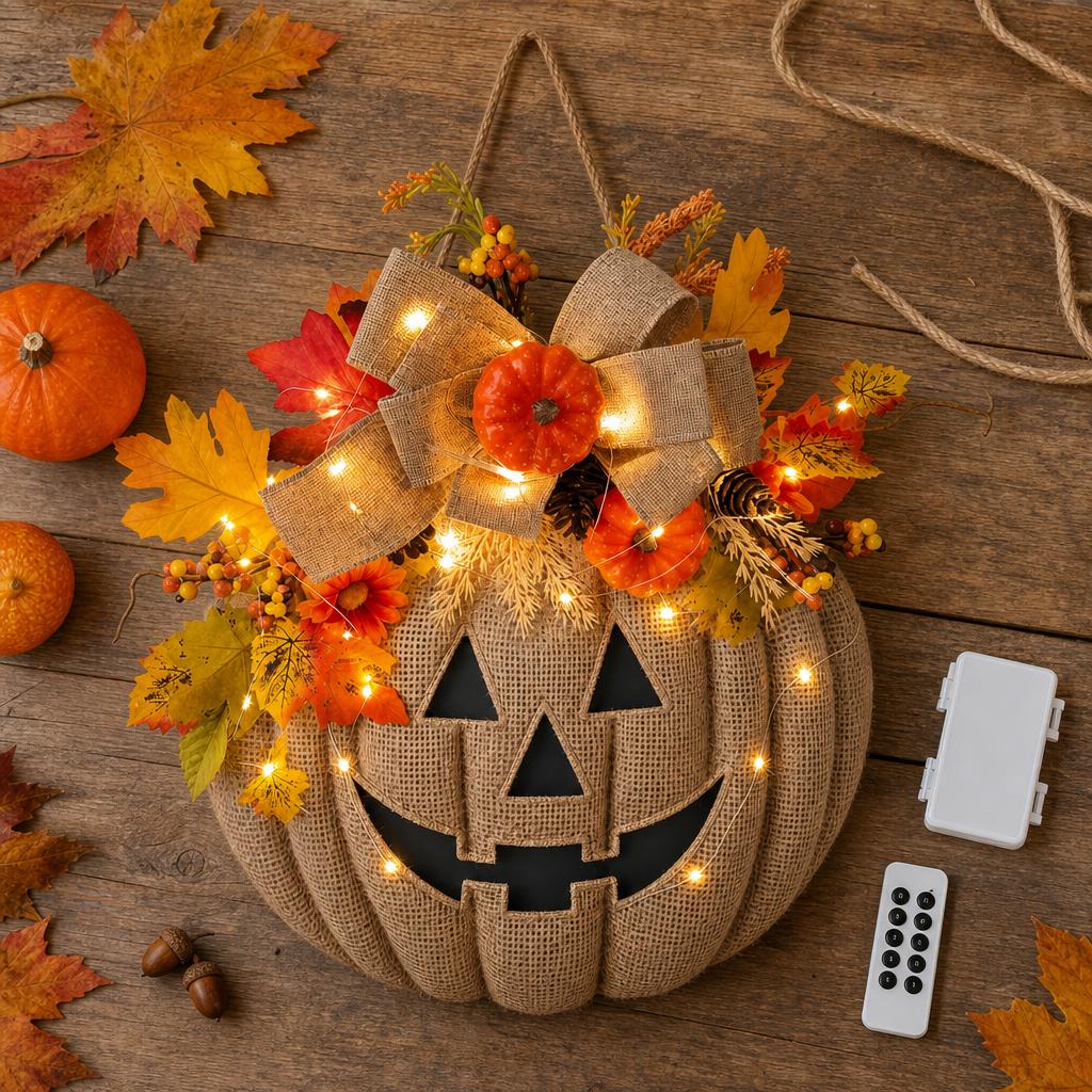 GlowJack™ Lighted Pumpkin Wreath carousel image 7