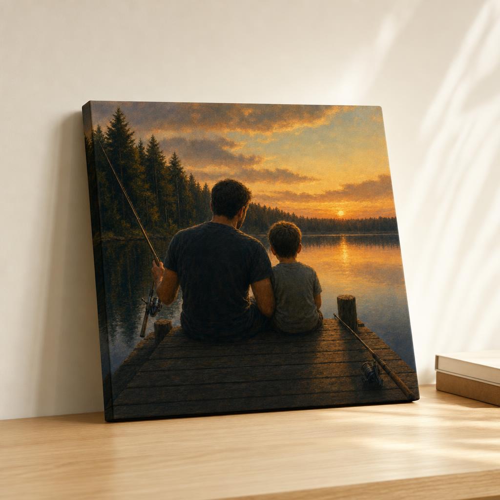 To My Son personalized canvas — father and son fishing on a lake dock at sunset, gallery-wrapped canvas