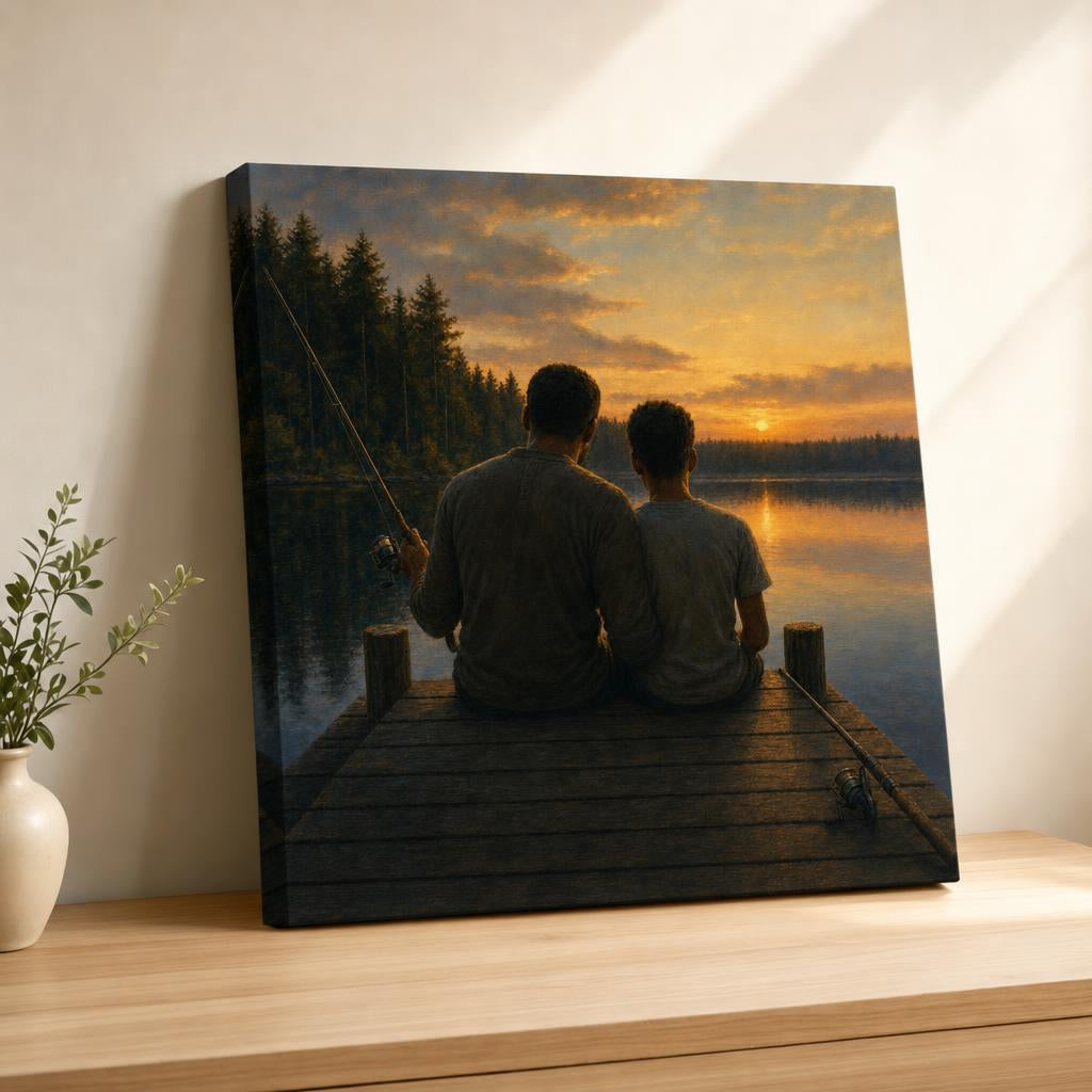 To My Son personalized canvas — father and son on a lake dock at sunset, gallery-wrapped canvas