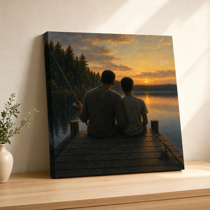 To My Son personalized canvas — father and son on a lake dock at sunset, gallery-wrapped canvas