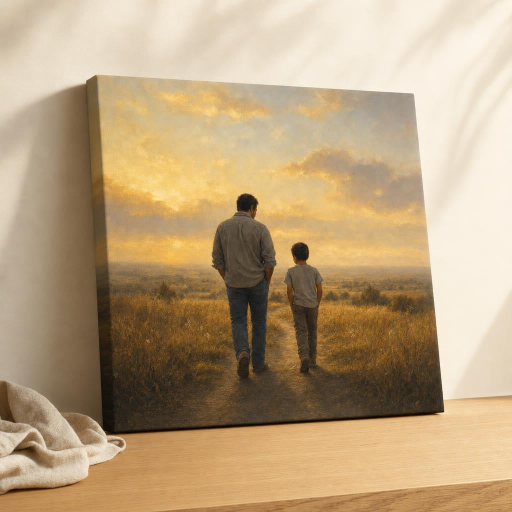 To My Son personalized canvas — father and son walking a golden field at sunset, gallery-wrapped canvas