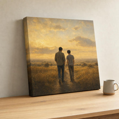 To My Son personalized canvas — father and son walking a golden field, gallery-wrapped canvas