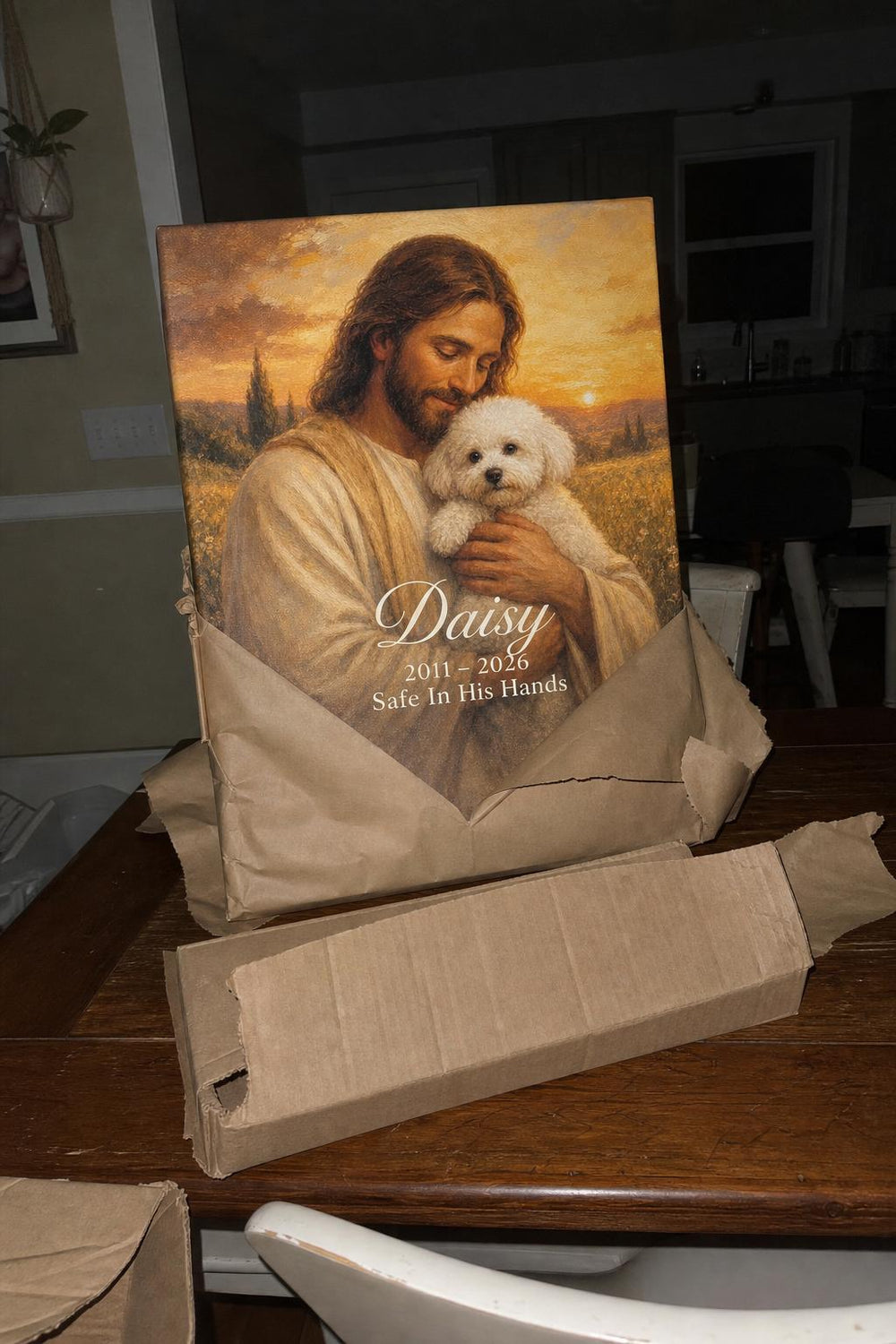 Pawprints In Heaven personalized pet memorial canvas in a customer's home