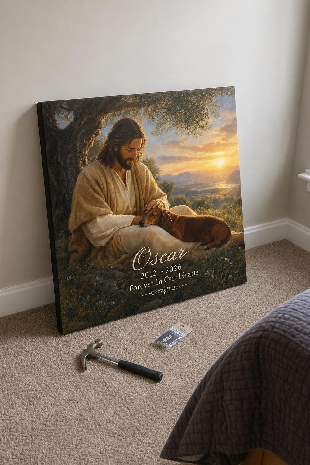 Pawprints In Heaven personalized pet memorial canvas in a customer's home