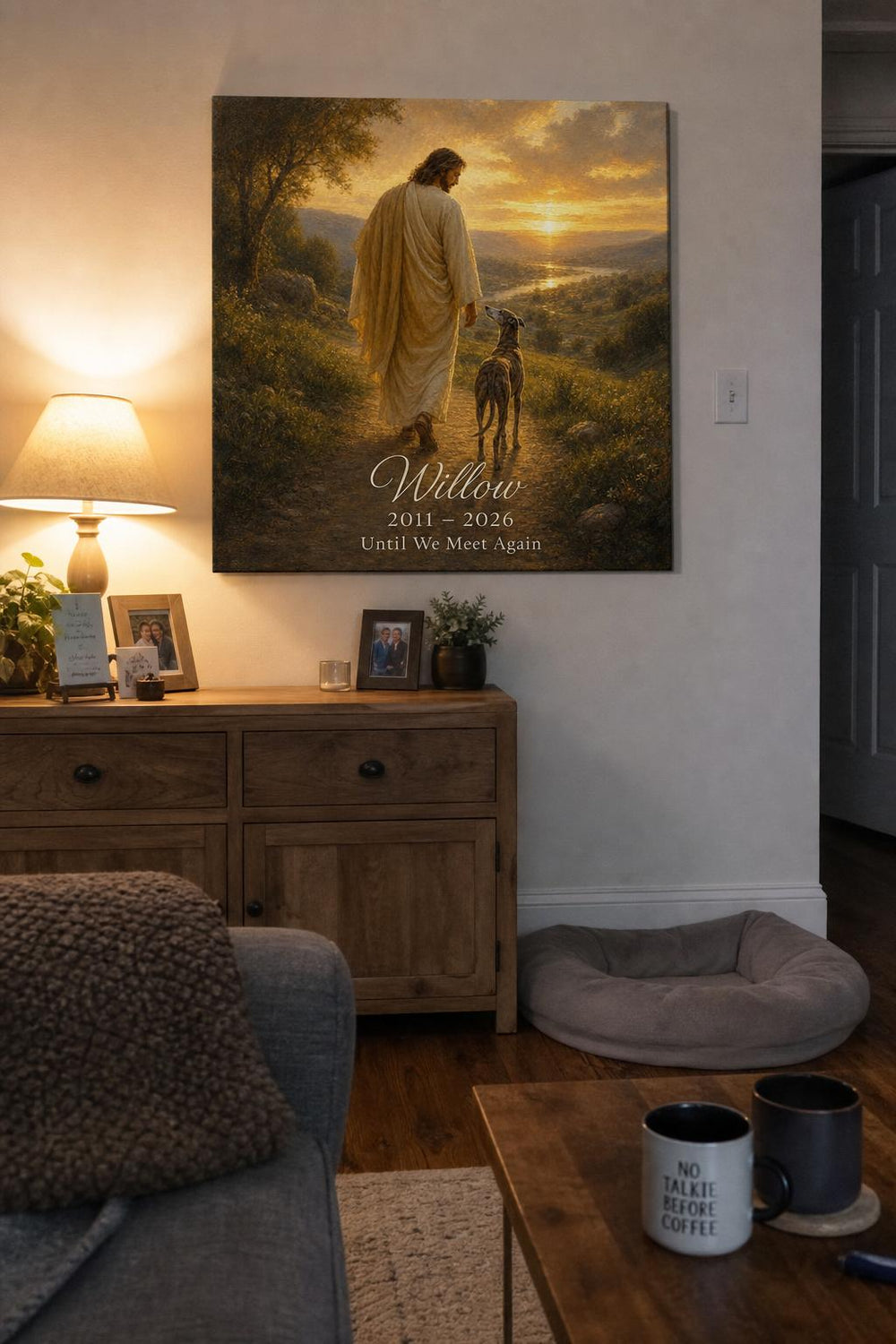 Pawprints In Heaven personalized pet memorial canvas in a customer's home