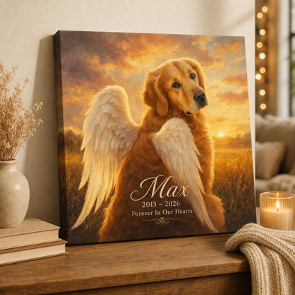 Little Wings — meadow design, a pet painted with angel wings, displayed in a cozy home
