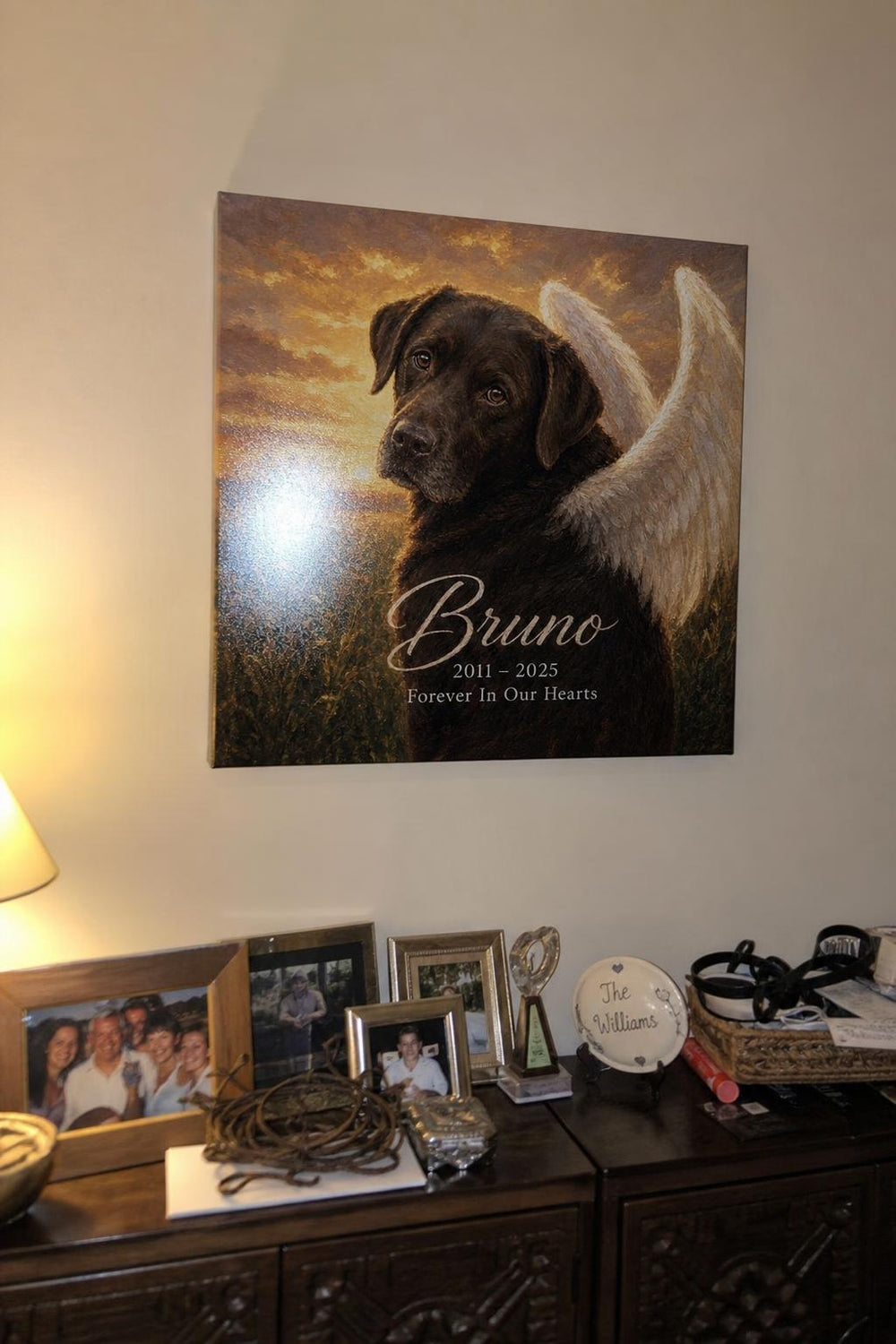 A Little Wings pet memorial canvas in a customer's home