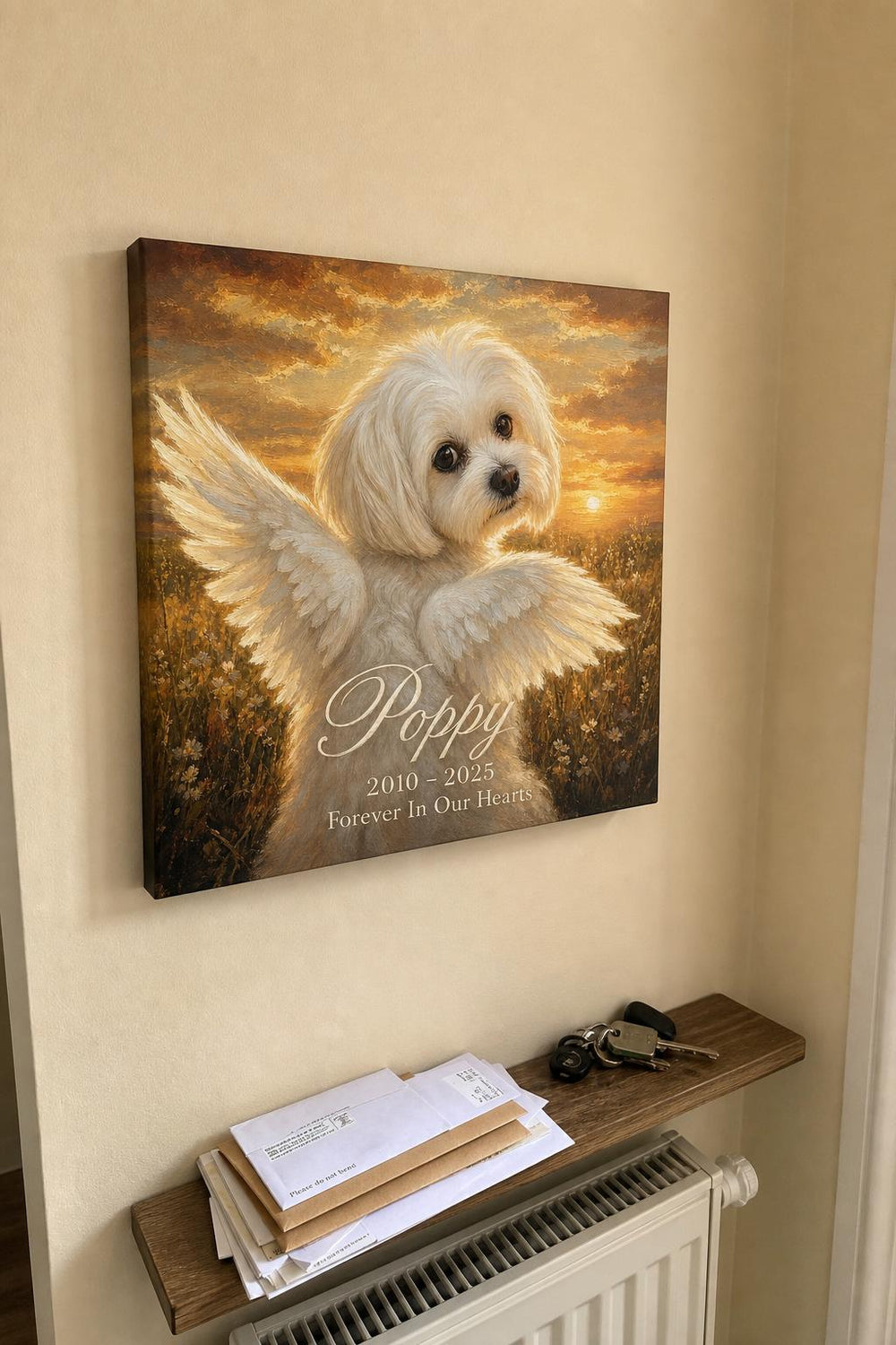A Little Wings pet memorial canvas in a customer's home