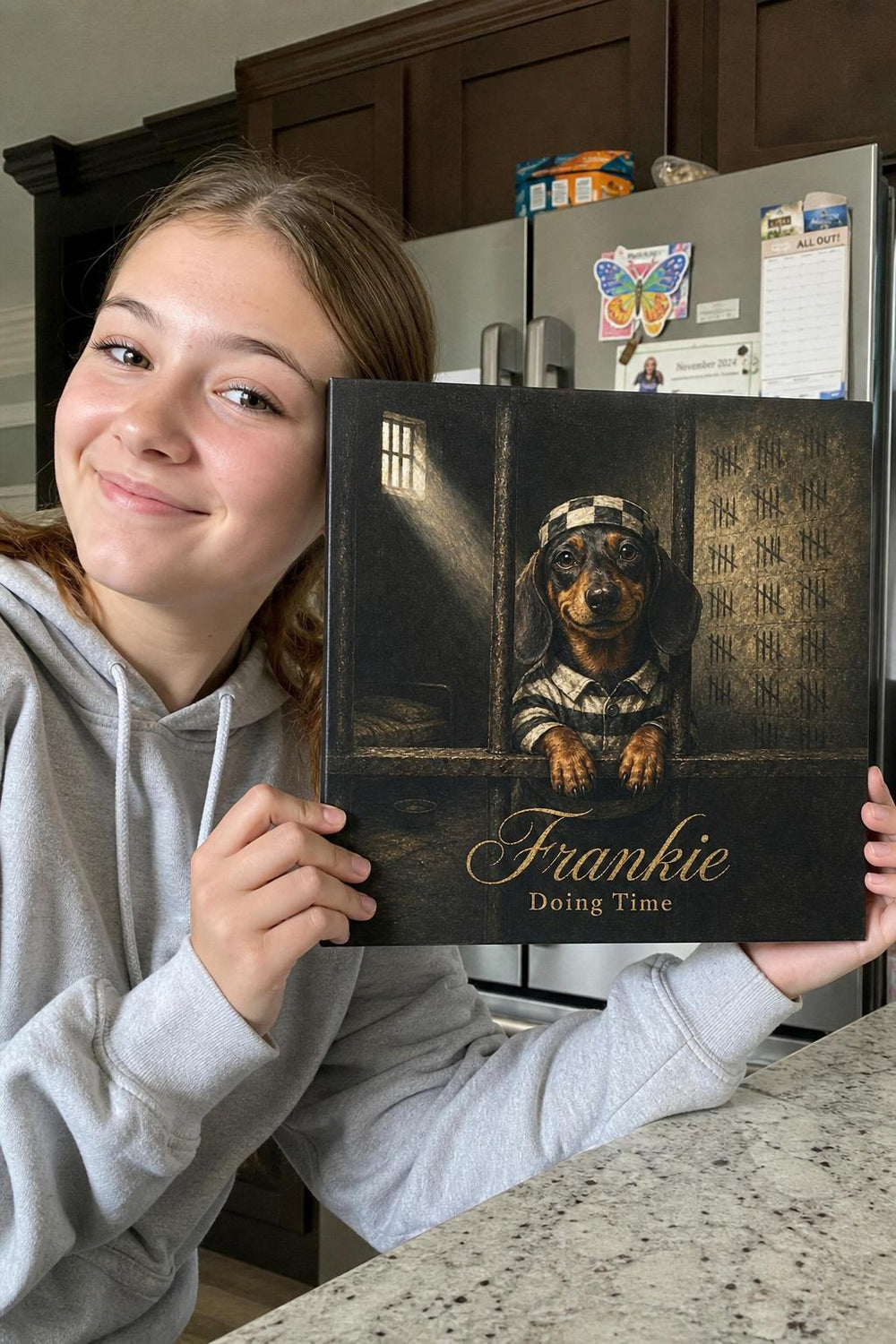 A Most Wanted personalized pet canvas in a customer's home