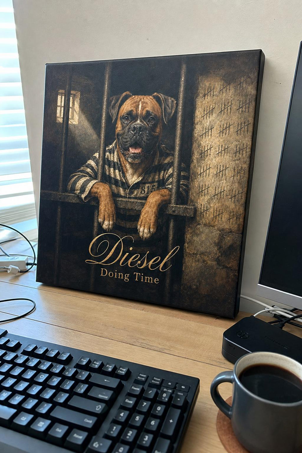 A Most Wanted personalized pet canvas in a customer's home