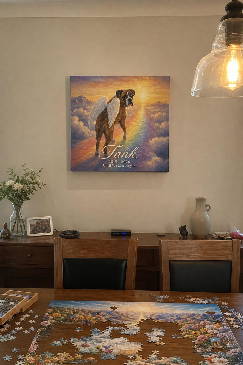 A Little Wings pet memorial canvas in a customer's home