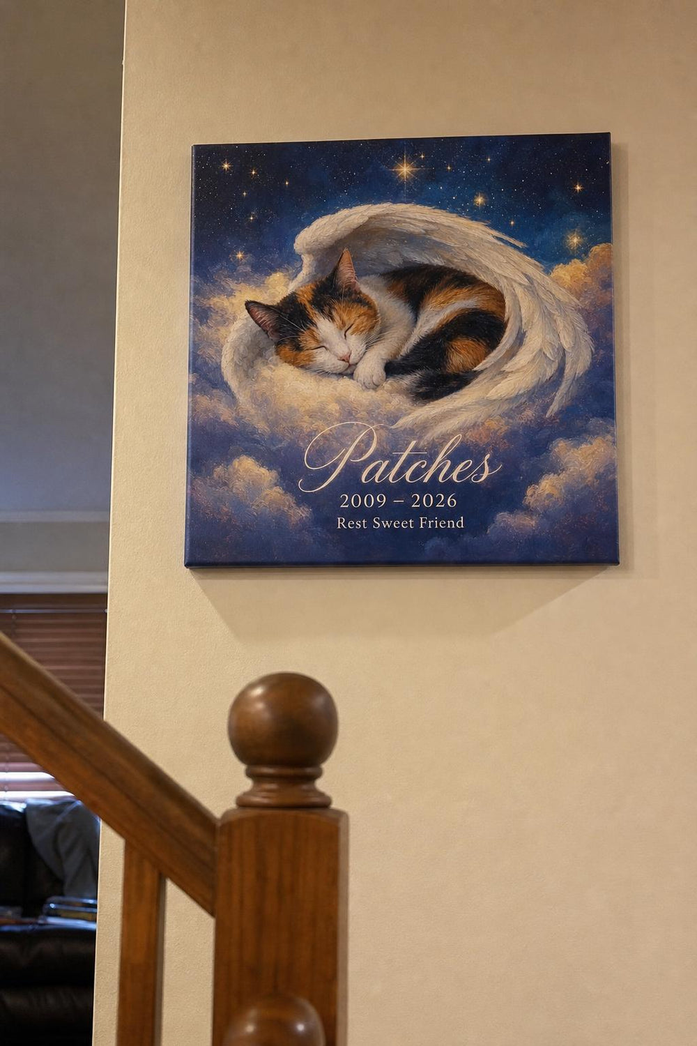 A Little Wings pet memorial canvas in a customer's home