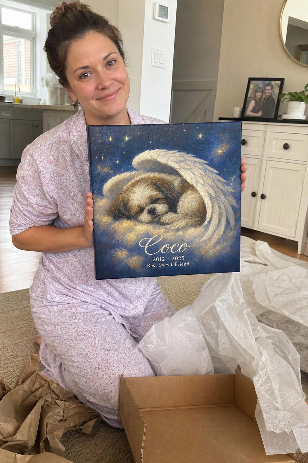 A Little Wings pet memorial canvas in a customer's home