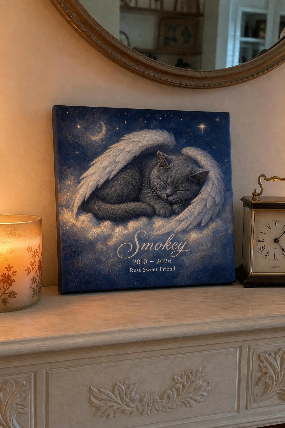 A Little Wings pet memorial canvas in a customer's home