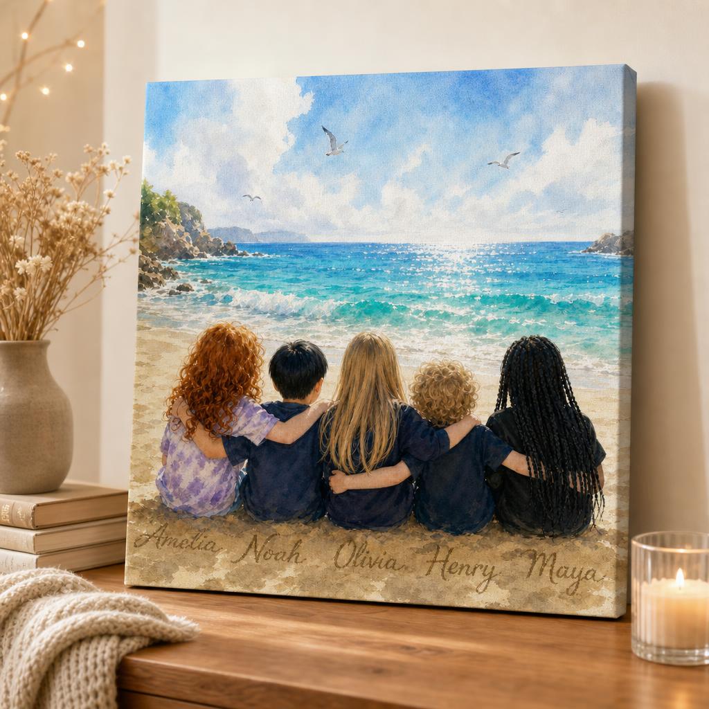 Little Wanderers — beach design, grandchildren painted from behind, displayed in a cozy home
