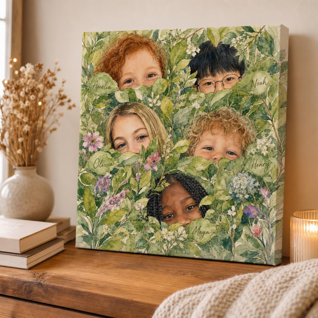 Hide & Bloom — green foliage design, displayed in a cozy home
