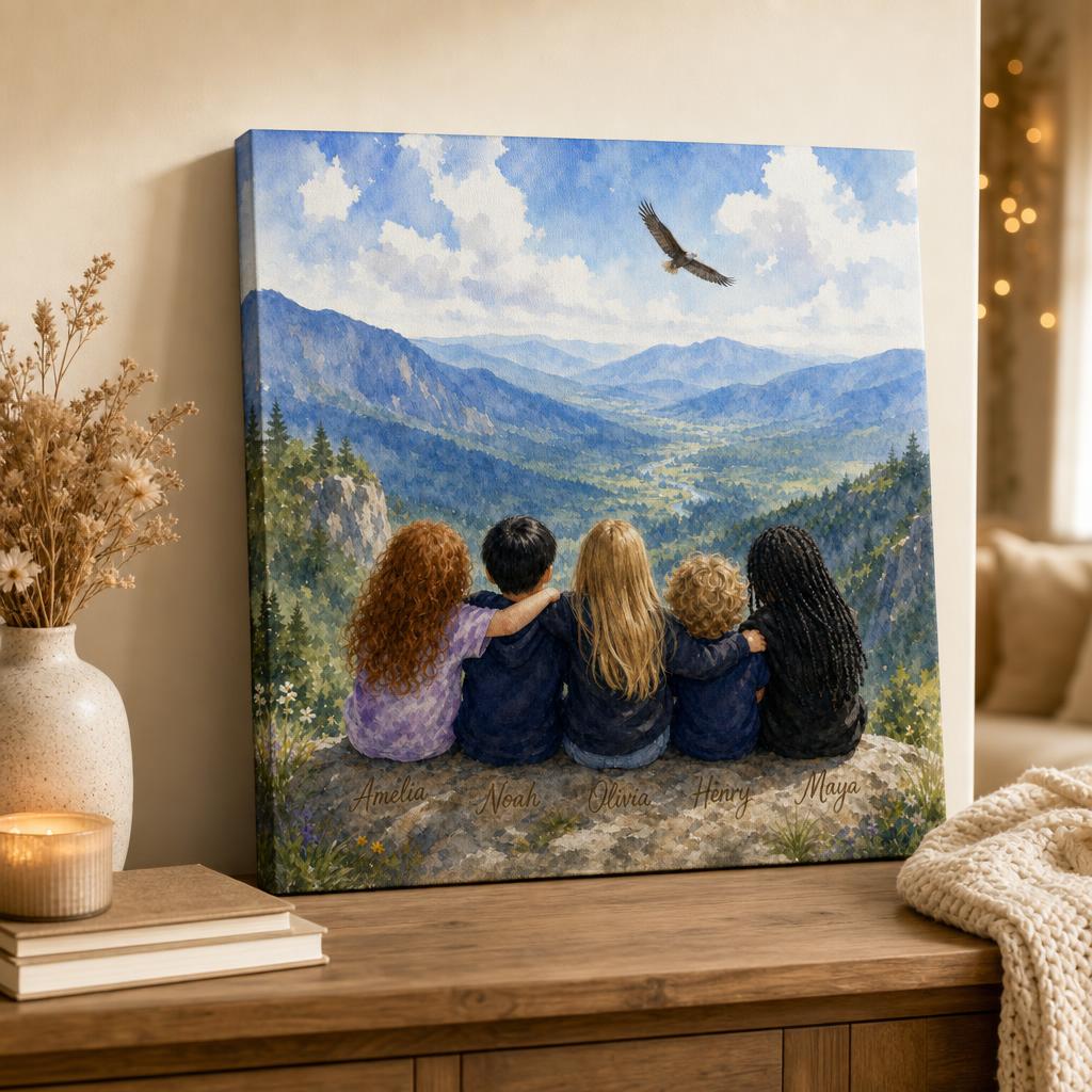 Little Wanderers — mountain design, displayed in a cozy home