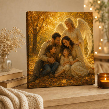 Family Together Again personalized canvas — autumn family portrait with a guardian angel, displayed in a cozy home