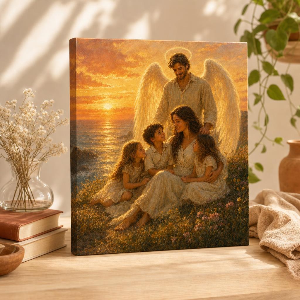 Family Together Again personalized canvas — seaside sunset family portrait with a guardian angel on a shelf