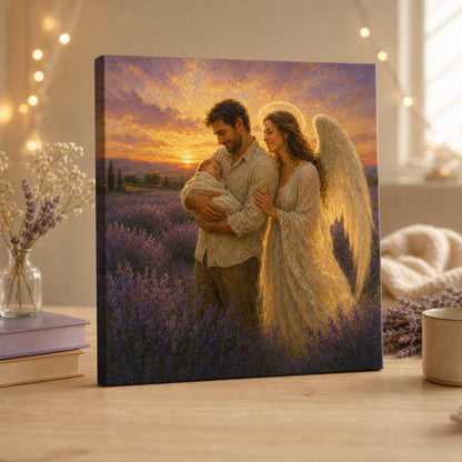 Family Together Again personalized canvas — lavender-field portrait of parents and baby with a guardian angel
