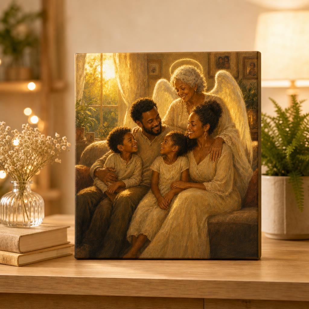 Family Together Again personalized canvas — cozy living-room family portrait with a guardian angel, styled at home