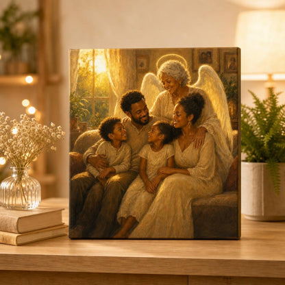 Family Together Again personalized canvas — cozy living-room family portrait with a guardian angel, styled at home