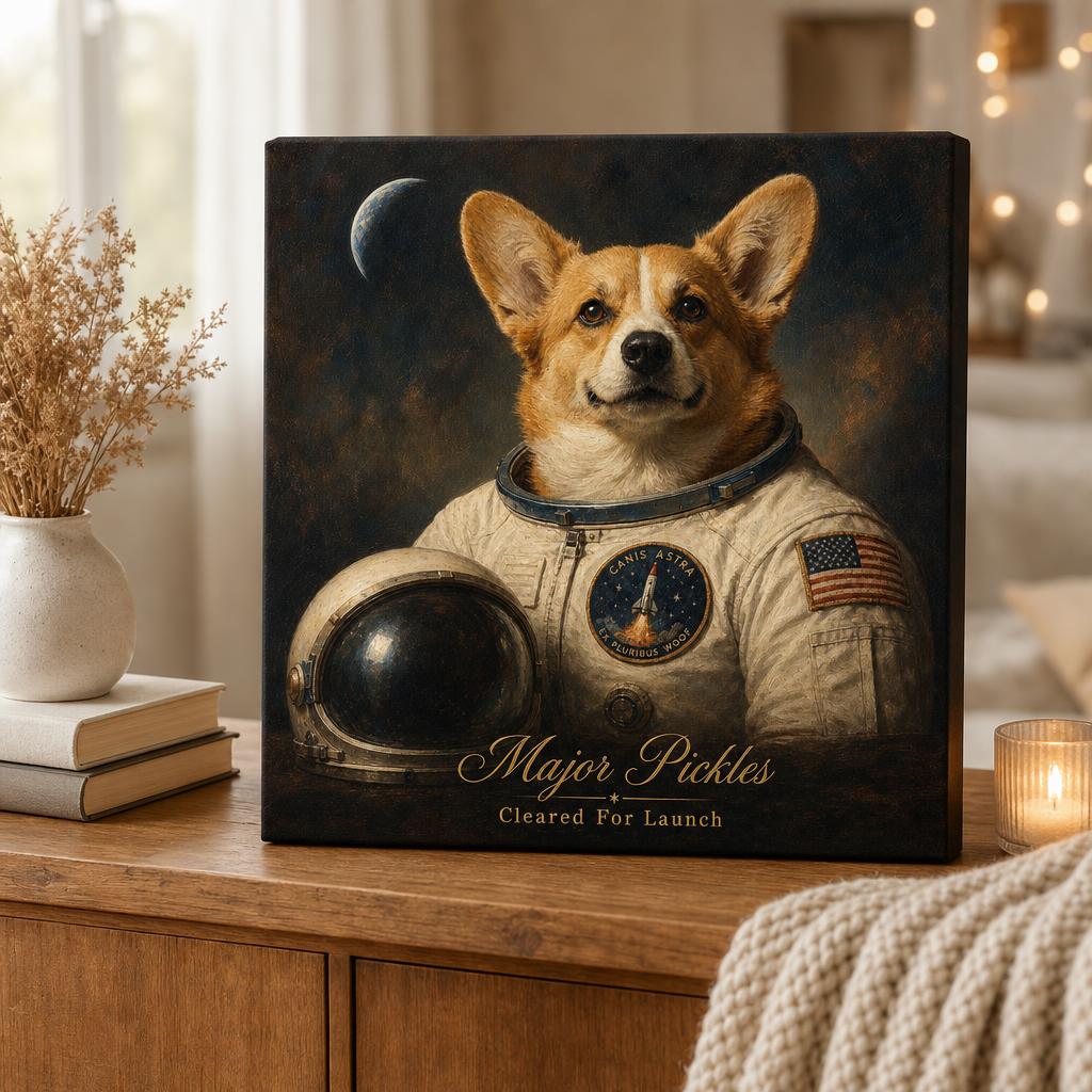Top Dog personalized pet canvas — dog painted as an astronaut, displayed in a cozy home