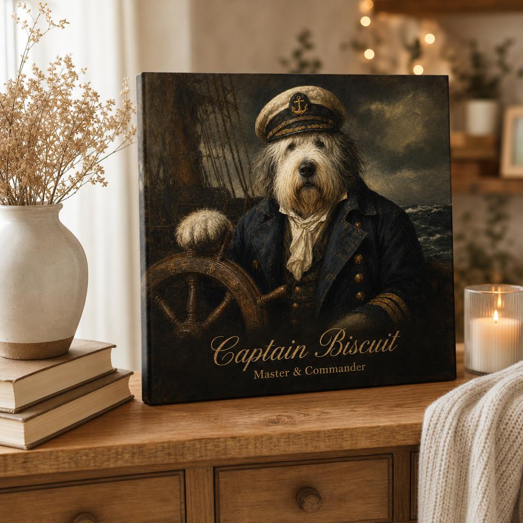 Top Dog personalized pet canvas — dog painted as a sea captain, displayed in a cozy home