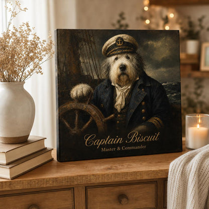 Top Dog personalized pet canvas — dog painted as a sea captain, displayed in a cozy home