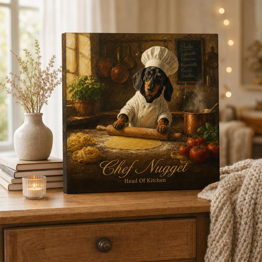 Top Dog personalized pet canvas — dog painted as a chef rolling pasta, displayed in a cozy home
