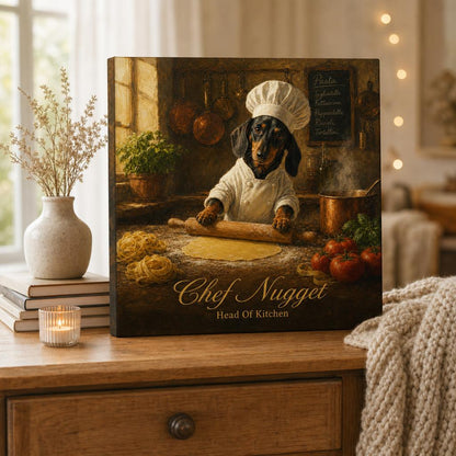Top Dog personalized pet canvas — dog painted as a chef rolling pasta, displayed in a cozy home