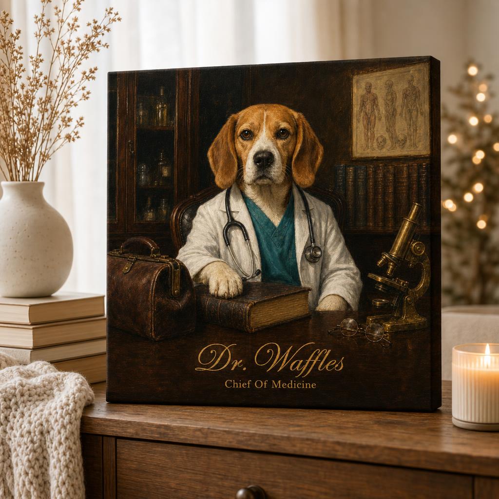 Top Dog personalized pet canvas — dog painted as a physician, displayed in a cozy home