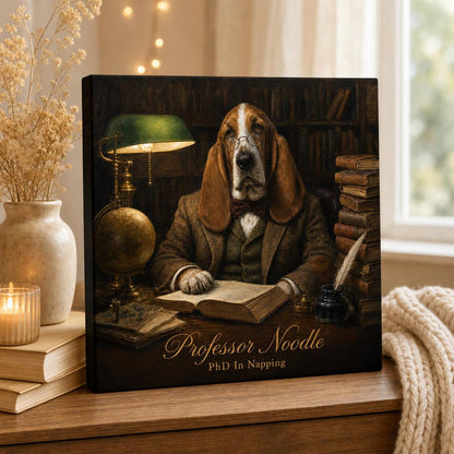 Top Dog personalized pet canvas — dog painted as a professor, displayed in a cozy home