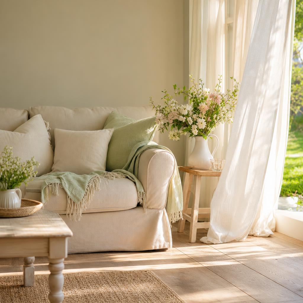 A bright sunlit living room with fresh flowers