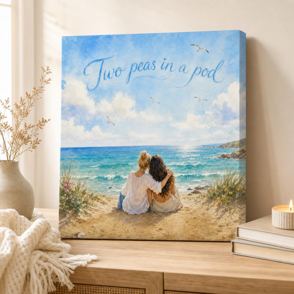 Two friends painted on a sunlit beach, personalized watercolour canvas in a warm home