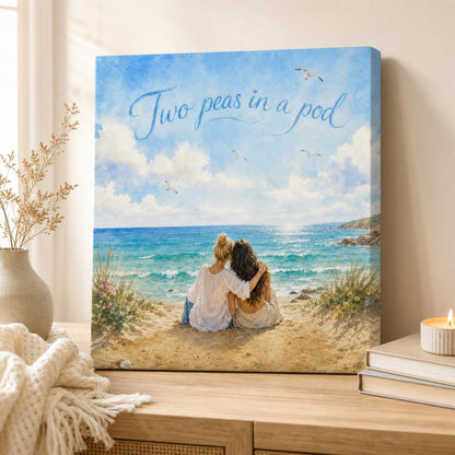 Two friends painted on a sunlit beach, personalized watercolour canvas in a warm home